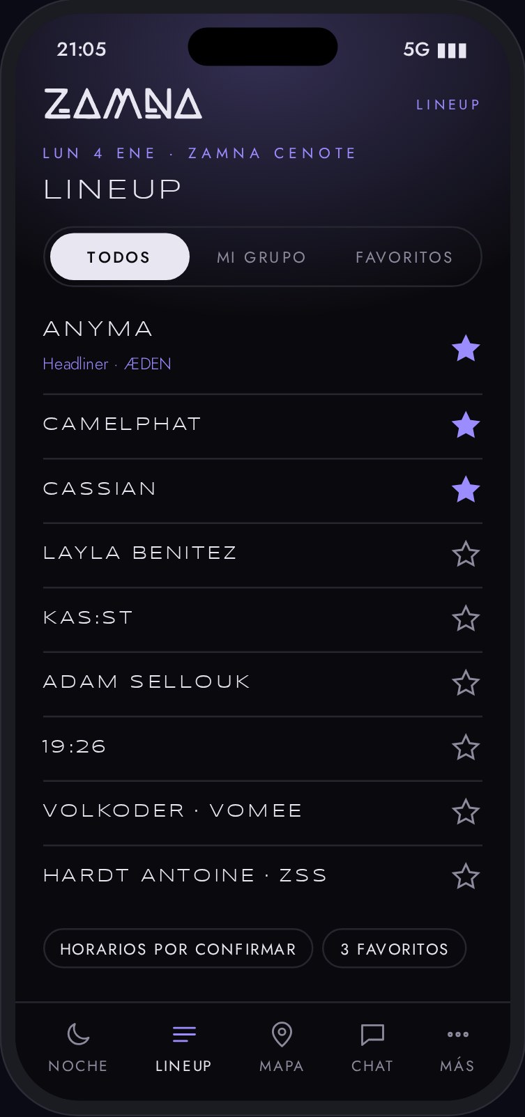 Pantalla de lineup de noche