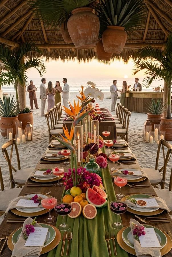 Mesa larga con frutas, flores tropicales y velas bajo una palapa al atardecer