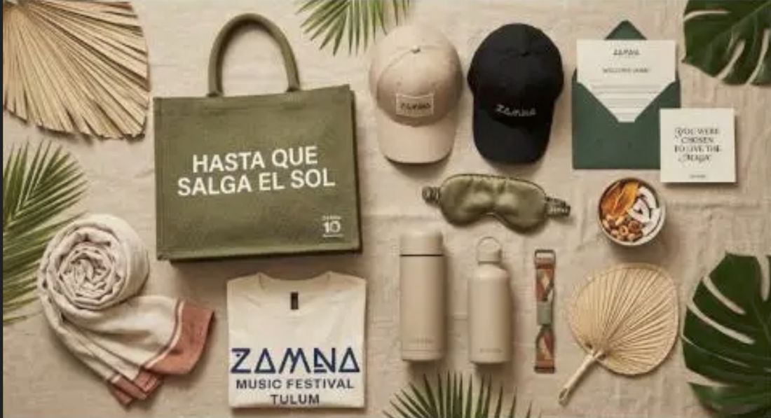 Welcome kit onsite: tote, gorras, playera, termo y abanico