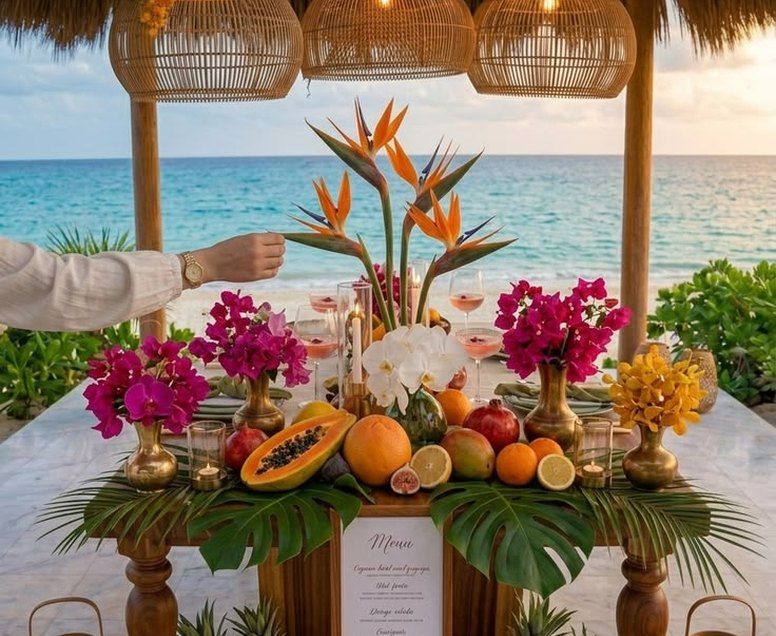 Mesa de drinks, cócteles y fruta para el get ready